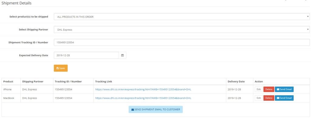Shipment info form on admin order info page