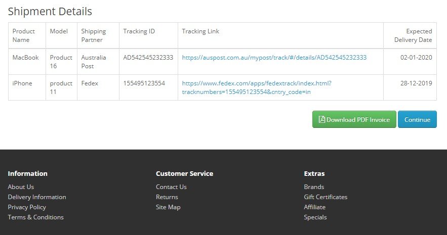 Default template view on customer order info page if items of the order are shipped separately