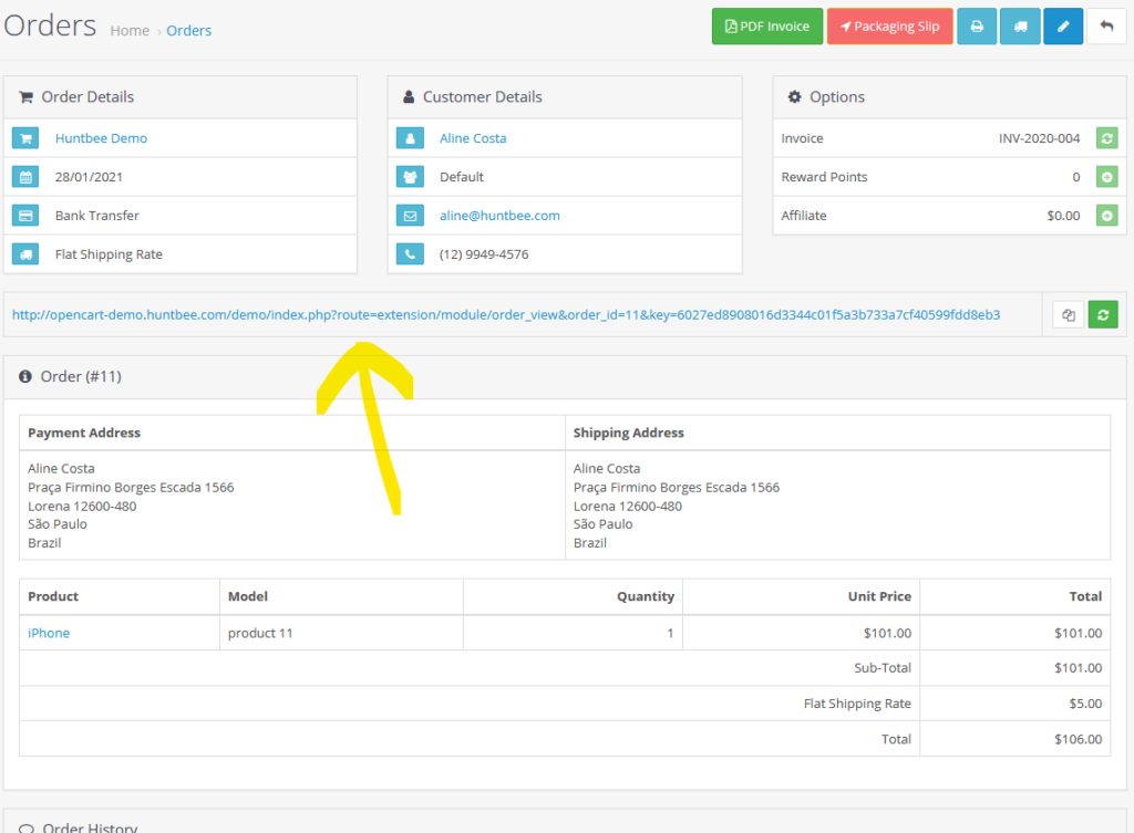 Screenshot of Secure Order Page Access Link for OpenCart