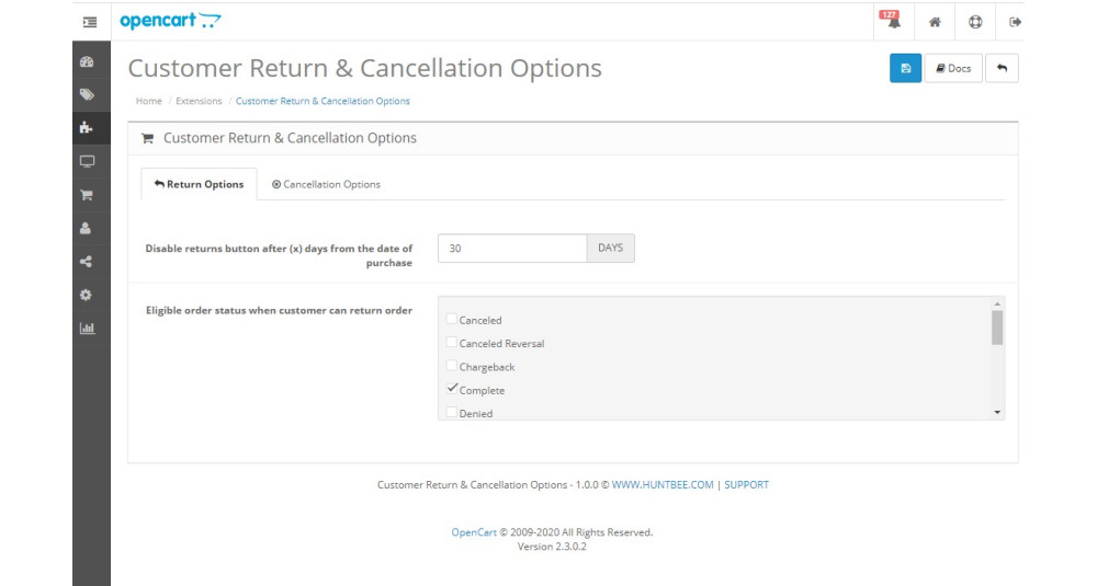 Image showing extension Customer Returns and Cancellation Options for opencart