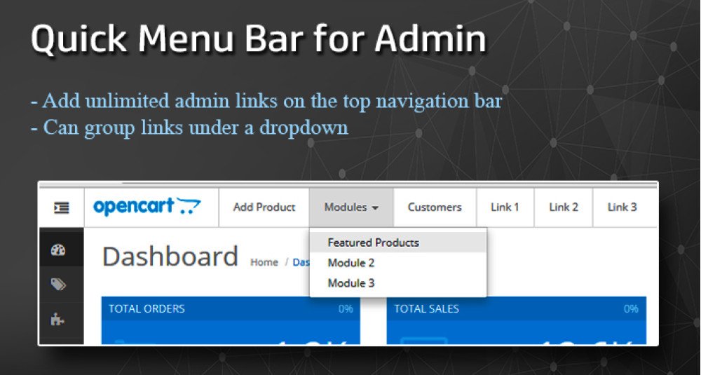 Barra de menu rápido para a página de administração do OpenCart [2000-2200] Extensões e Módulos, Extensões Premium, Aumentar a produtividade image