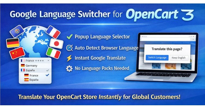 OpenCart Google Translate Language Switcher Extension Google Language Switcher OpenCart popup language selector with automatic translation feature