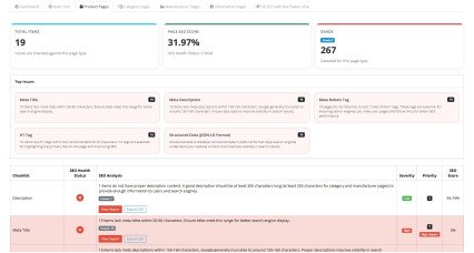 OpenCart SEO Health Checker dashboard showing SEO score and issue analysis