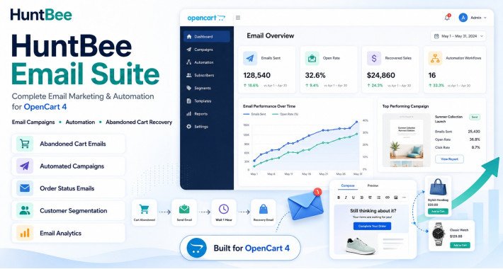 Huntbee Email Suite – OpenCart Email Automation and Customer Engagement Huntbee Email Suite for OpenCart Email Automation